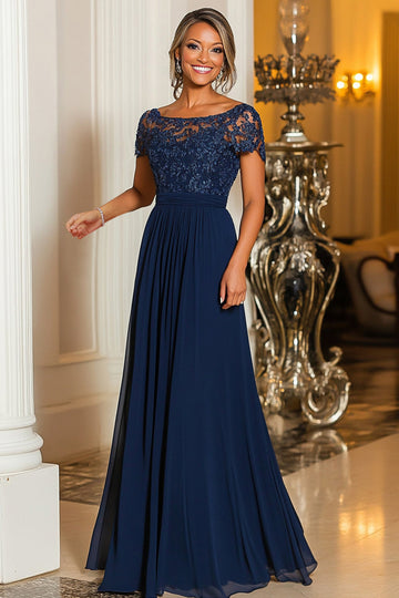 Marine A-ligne col bateau dentelle appliques mousseline de soie longue mère de la mariée robe à manches courtes